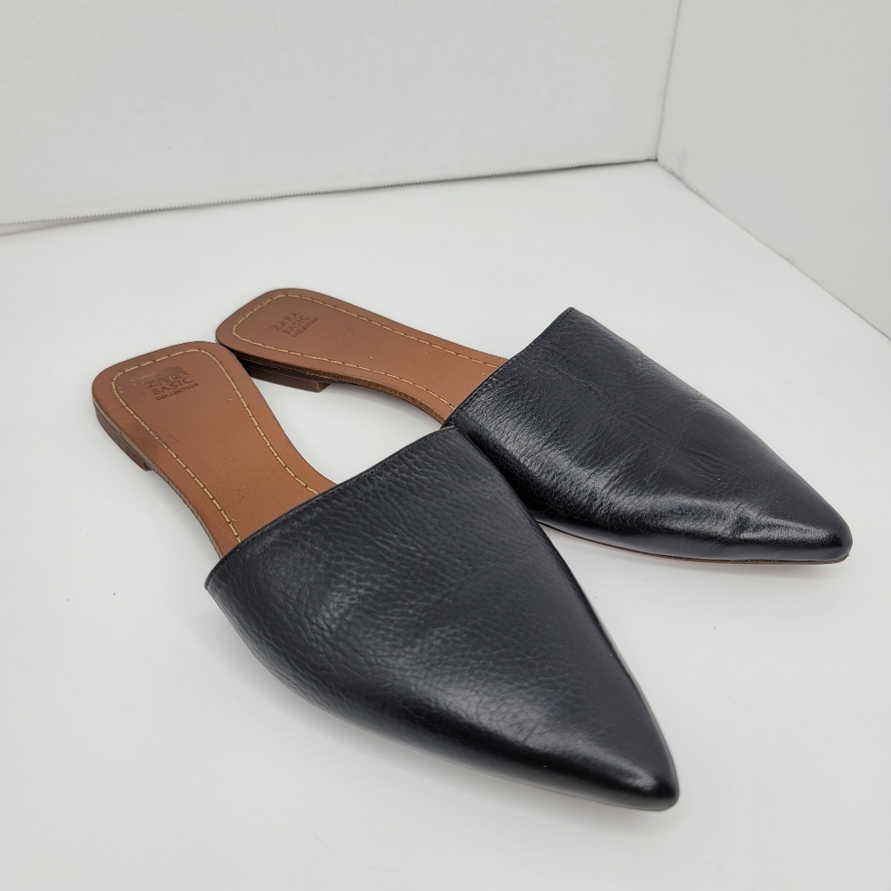 ZARA BLACK LEATHER FLAT POINTED TOE MULE SIZE 8 - Picture 2 of 8